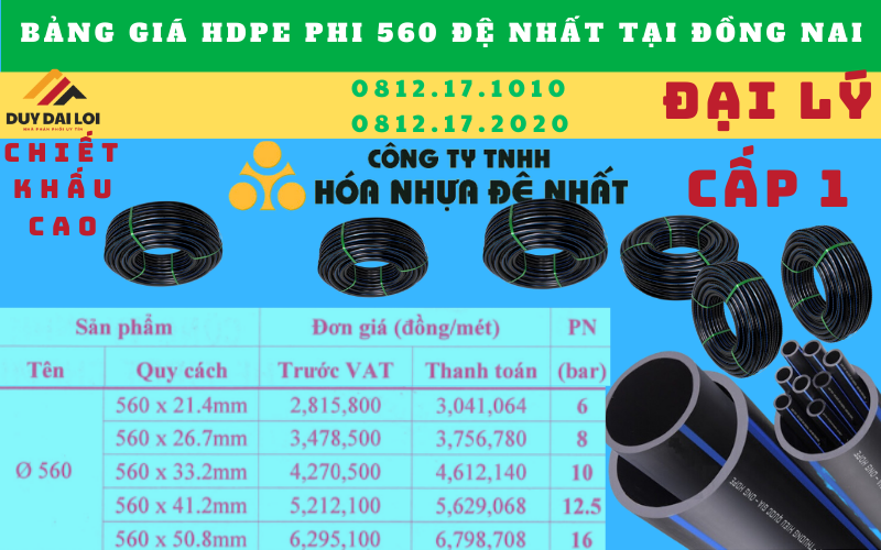 Giá bán ống hdpe 560 đệ nhất tại đồng nai Giá bán ống hdpe 560 đệ nhất tại đồng nai