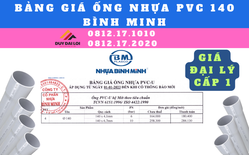 Bảng giá ống nhựa PVC 140 Bình Minh Bảng giá ống nhựa PVC 140 Bình Minh