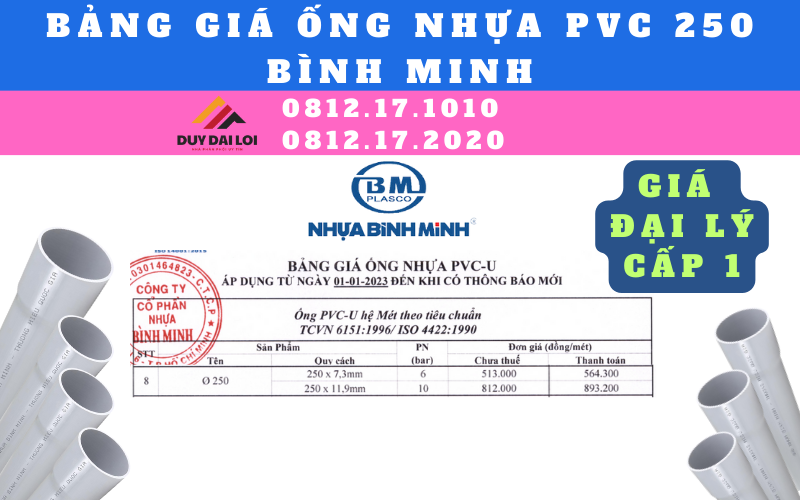 Bảng giá ống nhựa PVC 250 Bình Minh Bảng giá ống nhựa PVC 250 Bình Minh