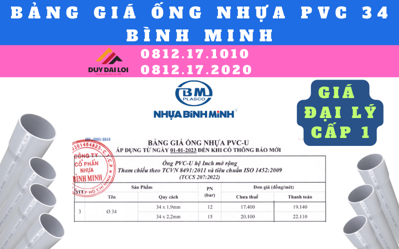 Bảng giá ống nhựa PVC 34 Bình Minh Bảng giá ống nhựa PVC 34 Bình Minh