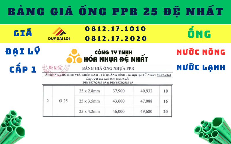 Bảng giá ống PPR 25 Đệ nhất Bảng giá ống PPR 25 Đệ nhất