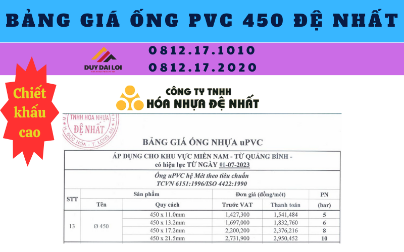 Bảng giá ống PVC 450 Đệ Nhất Bảng giá ống PVC 450 Đệ Nhất