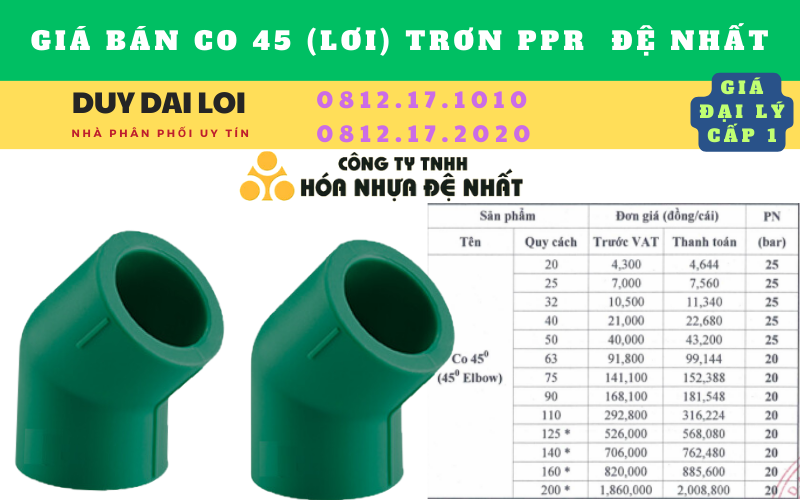 Giá bán Co 45 (lơi) trơn ppr đệ nhất Giá bán Co 45 (lơi) trơn ppr đệ nhất