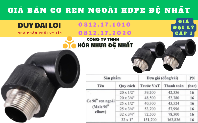 Giá bán Co ren ngoài hdpe đệ nhất Giá bán Co ren ngoài hdpe đệ nhất