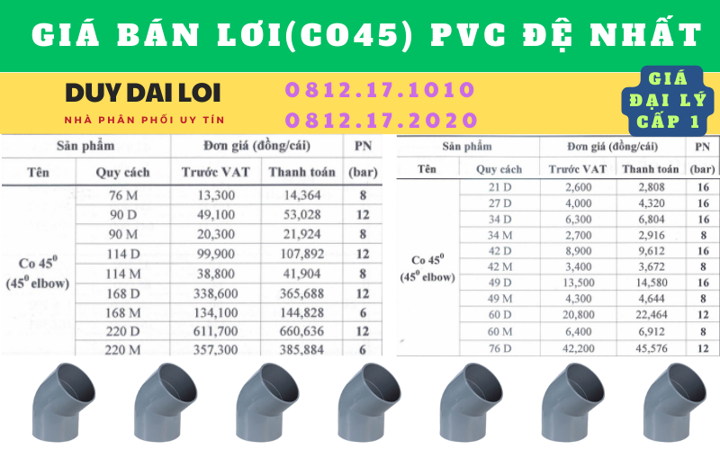 Gía bán Co 45 pvc đệ nhất Gía bán Co 45 pvc đệ nhất