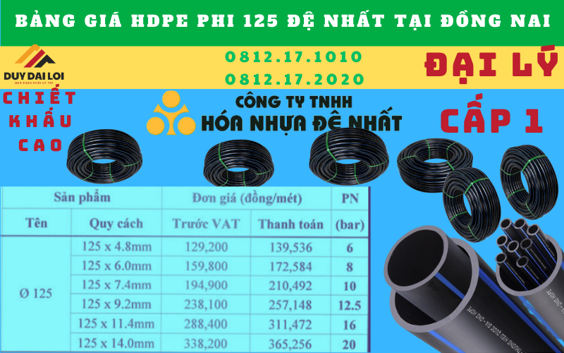 Giá bán ống hdpe 125 đệ nhất tại đồng nai Giá bán ống hdpe 125 đệ nhất tại đồng nai