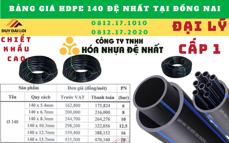 Giá bán ống hdpe 140 đệ nhất tại đồng nai Giá bán ống hdpe 140 đệ nhất tại đồng nai