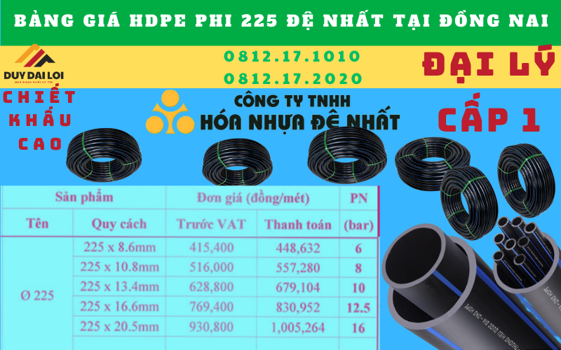 Giá bán ống hdpe 225 đệ nhất tại đồng nai Giá bán ống hdpe 225 đệ nhất tại đồng nai