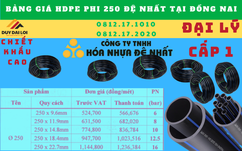 Giá bán ống hdpe 250 đệ nhất tại đồng nai Giá bán ống hdpe 250 đệ nhất tại đồng nai