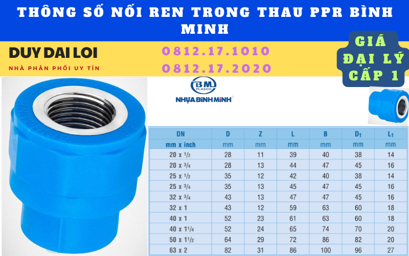 Thông số nối ren trong thau ppr bình minh Thông số nối ren trong thau ppr bình minh