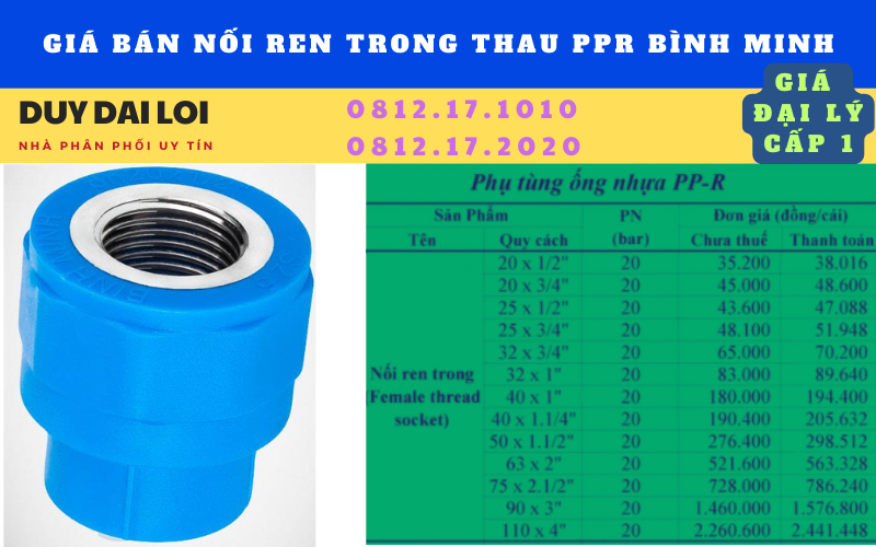 Gía bán nối ren trong thau ppr bình minh Gía bán nối ren trong thau ppr bình minh
