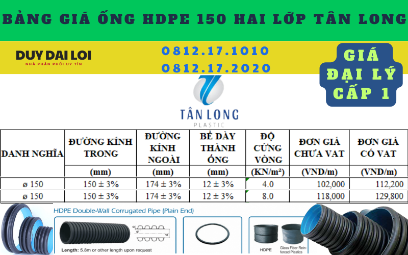 Bảng giá ống HDPE 150 hai lớp tân long Bảng giá ống HDPE 150 hai lớp tân long