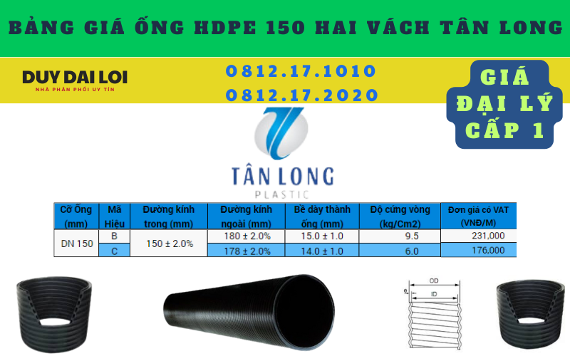 Bảng giá ống HDPE 150 hai vách Bảng giá ống HDPE 150 hai vách