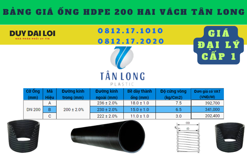 Bảng giá ống HDPE 200 hai vách Bảng giá ống HDPE 200 hai vách