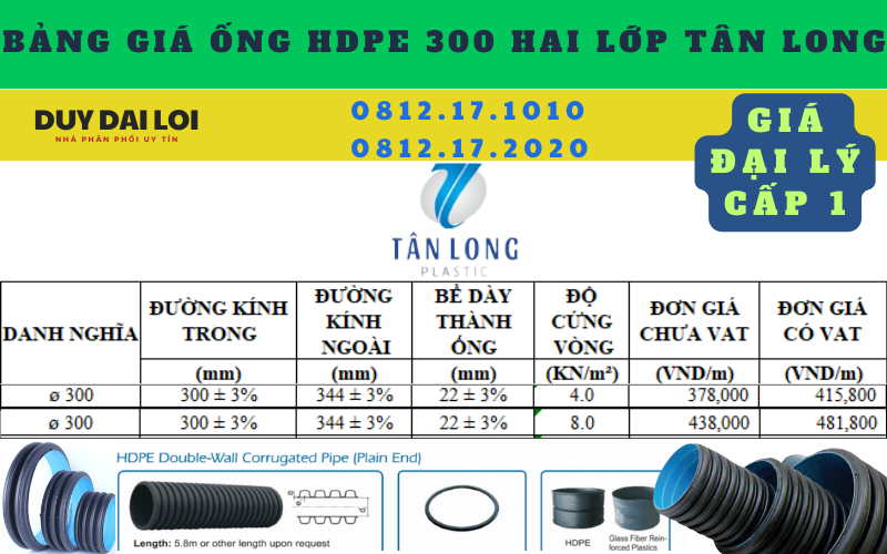 Bảng giá ống HDPE 300 hai lớp tân long Bảng giá ống HDPE 300 hai lớp tân long