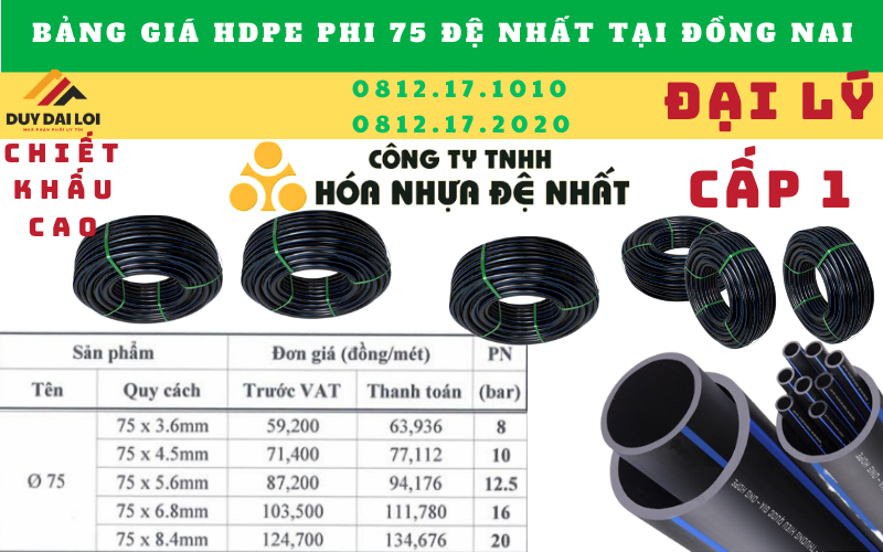 Giá bán ống hdpe 75 đệ nhất tại đồng nai Giá bán ống hdpe 75 đệ nhất tại đồng nai