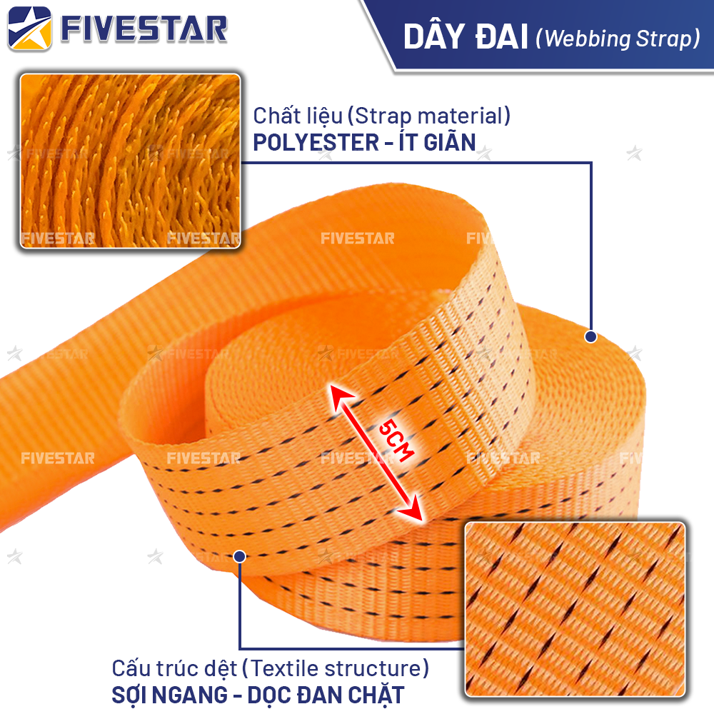 Dây đai bản rộng 50mm Polyester chịu lưc cao tải đến 3 tấn Dây đai bản rộng 50mm Polyester chịu lưc cao tải đến 3 tấn