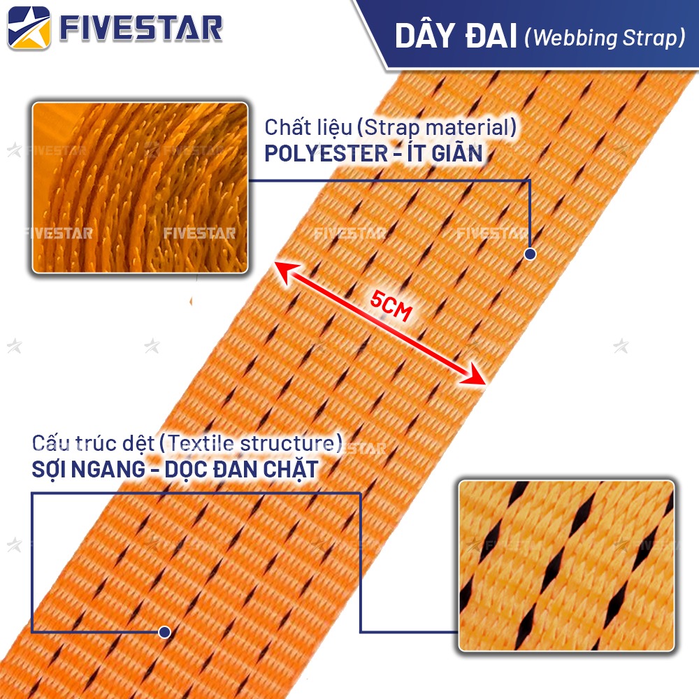 Dây Polyester bản 50mm dệt mật độ cao, chống tưa rách Dây Polyester bản 50mm dệt mật độ cao, chống tưa rách