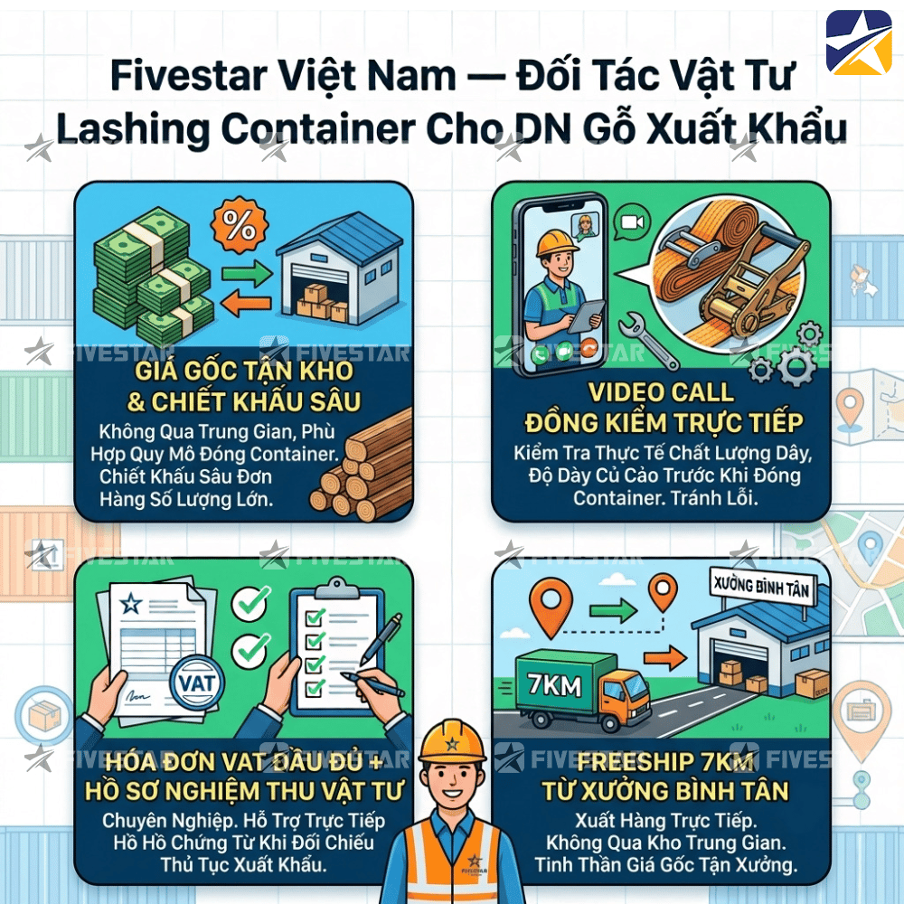 Fivestar - Đối tác vật tư lashing container cho doanh nghiệp gỗ xuất khẩu Fivestar - Đối tác vật tư lashing container cho doanh nghiệp gỗ xuất khẩu