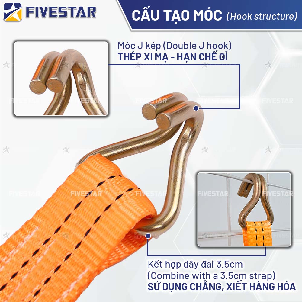 Cấu tạo móc J kép kết hợp hoàn hảo với dây đai 3.5cm để chằng xiết hàng hóa Cấu tạo móc J kép kết hợp hoàn hảo với dây đai 3.5cm để chằng xiết hàng hóa