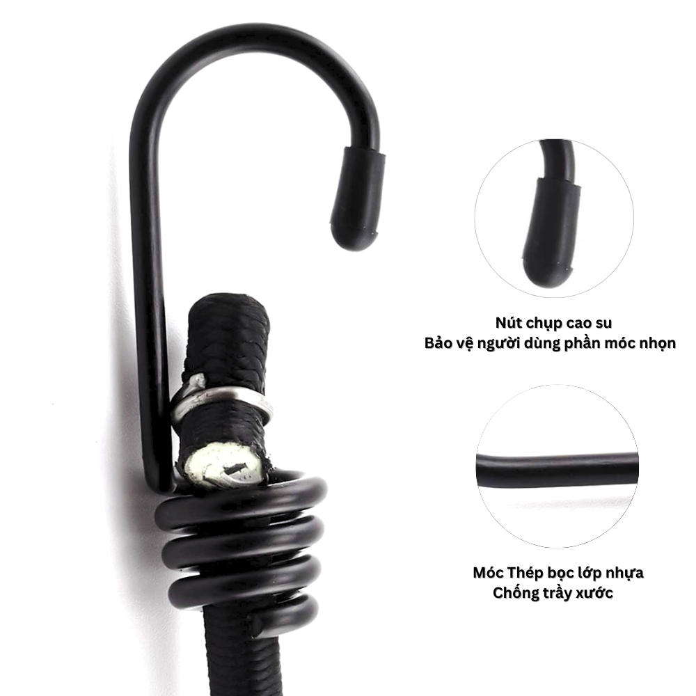 Móc thép bọc nhựa có phần nắp chụp cao su ở đầu móc thép giúp sử dụng an toàn hơn Móc thép bọc nhựa có phần nắp chụp cao su ở đầu móc thép giúp sử dụng an toàn hơn