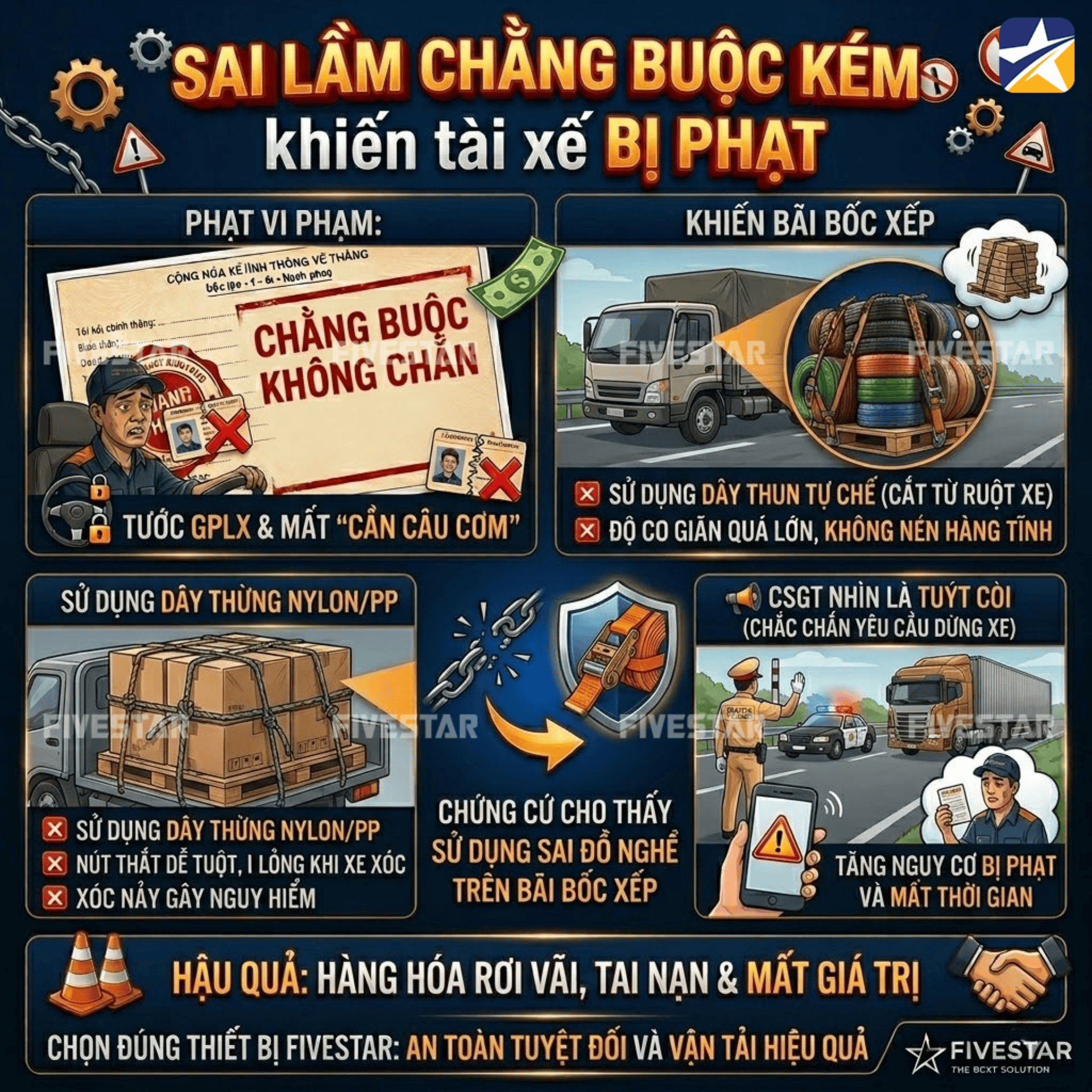 Sai lầm khi chằng buộc kém bằng các loại dây tự chế không chuẩn Sai lầm khi chằng buộc kém bằng các loại dây tự chế không chuẩn