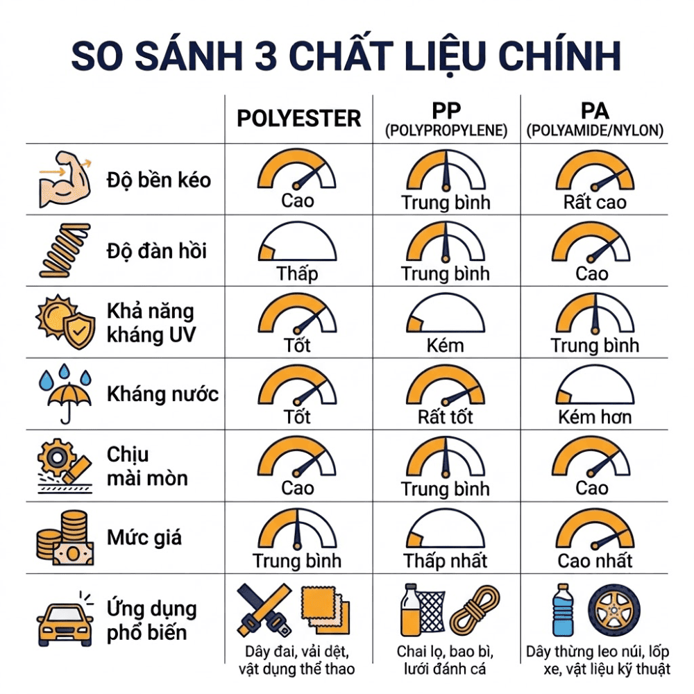 So sánh chất liệu 3 loại sợi tổng hợp So sánh chất liệu 3 loại sợi tổng hợp