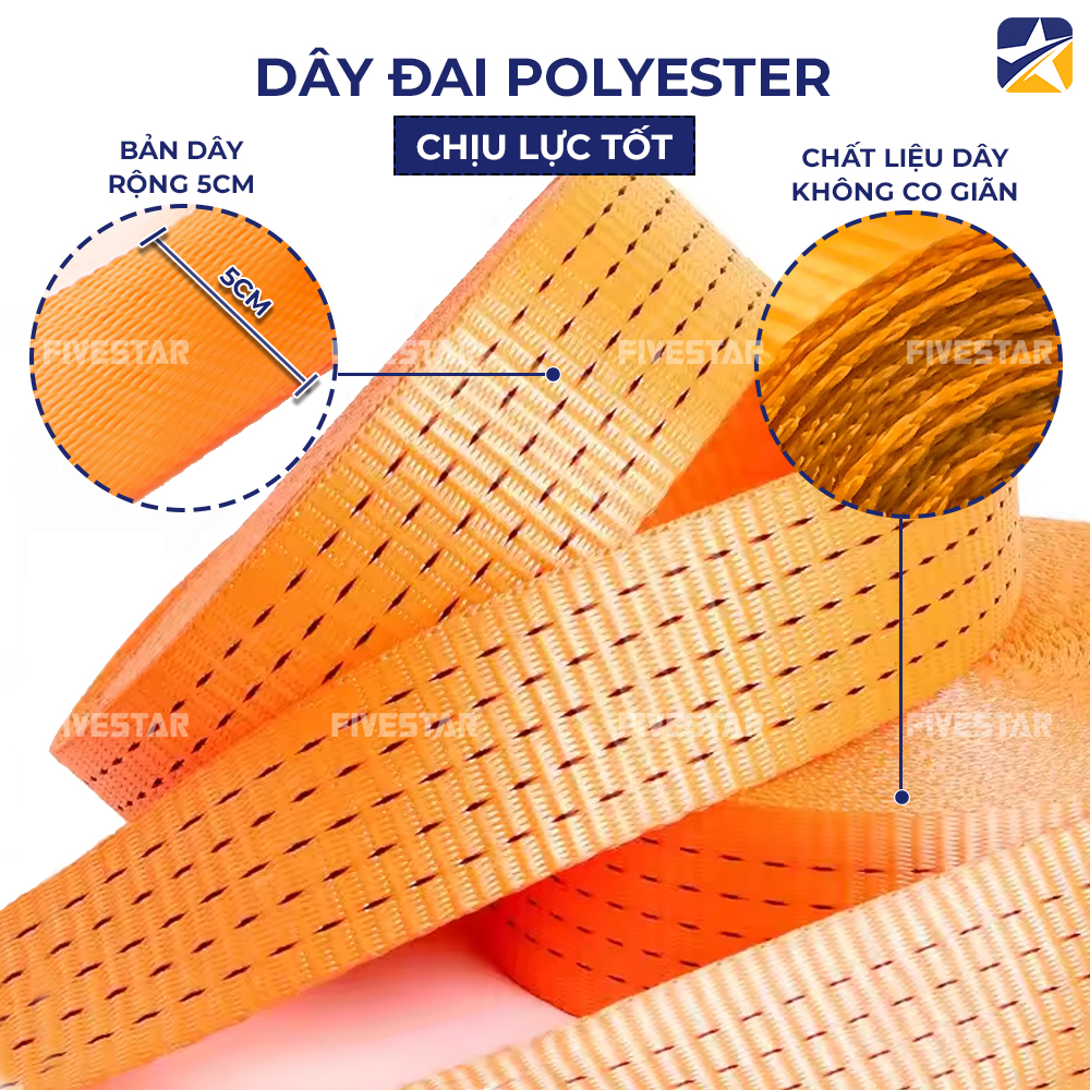 Dây đai Polyester bản 50mm tải 5 tấn sử dụng 100% Polyester cường lực Dây đai Polyester bản 50mm tải 5 tấn sử dụng 100% Polyester cường lực