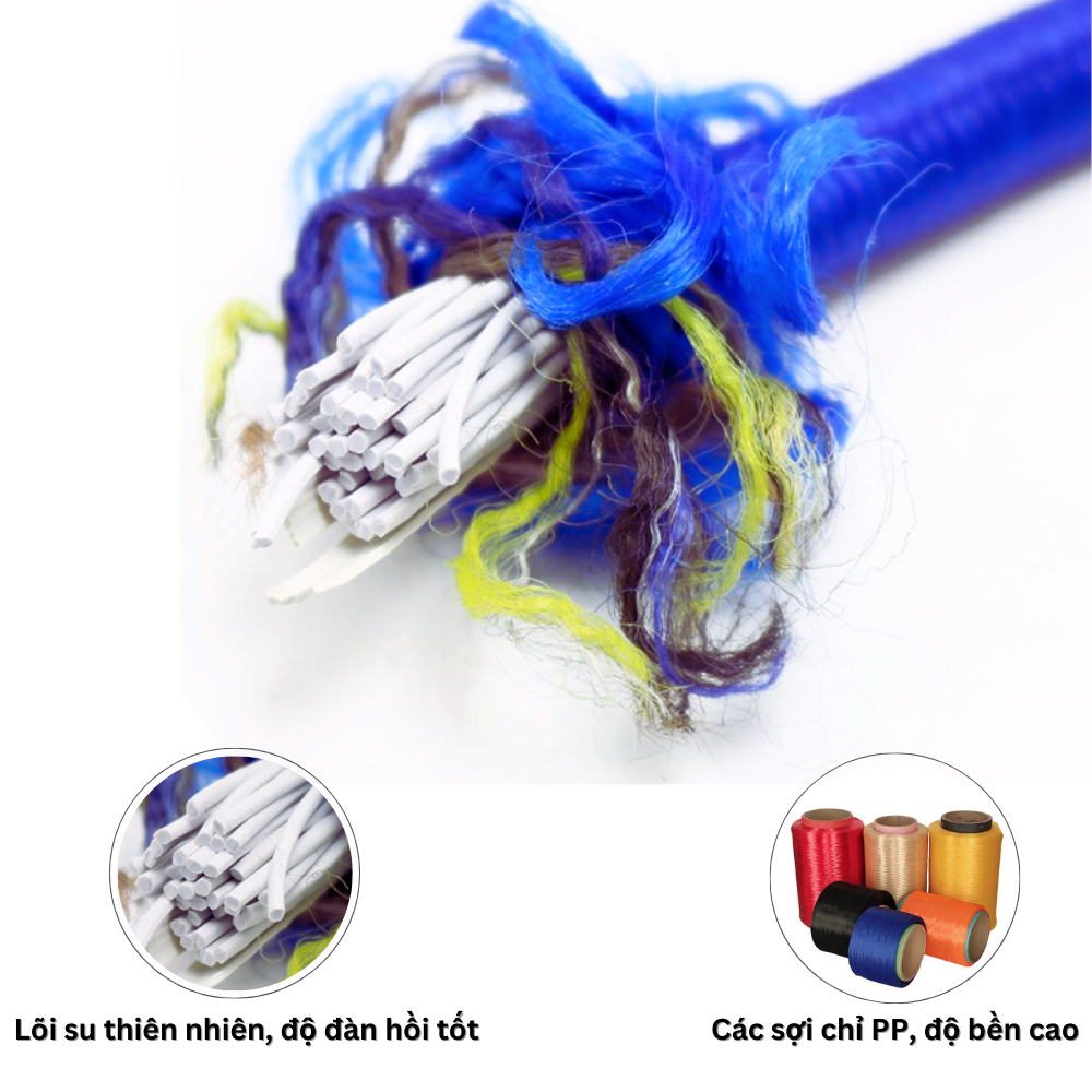 Sử dụng lõi su thiên nhiên và chỉ PP cho độ bền và co giãn tốt Sử dụng lõi su thiên nhiên và chỉ PP cho độ bền và co giãn tốt