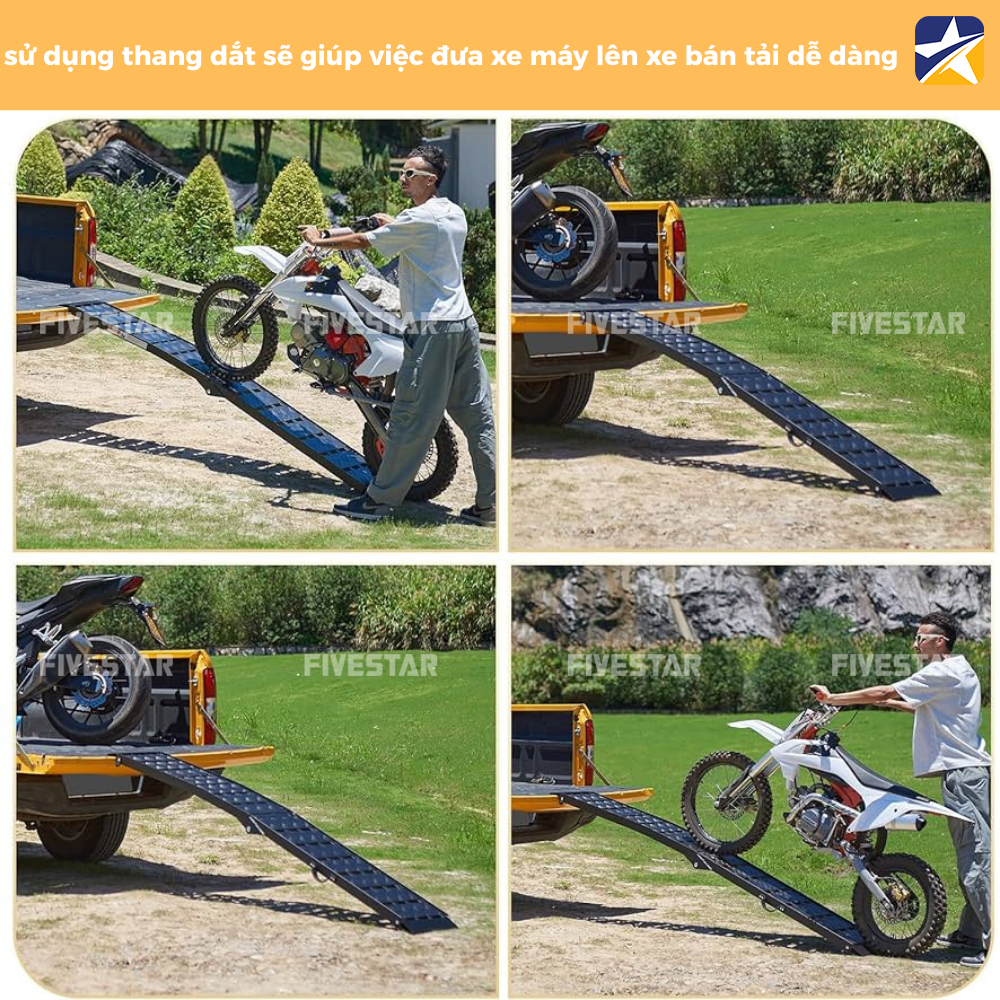 Sử dụng thang dắt xe máy giúp đưa xe máy lên bán tải dễ dàng Sử dụng thang dắt xe máy giúp đưa xe máy lên bán tải dễ dàng