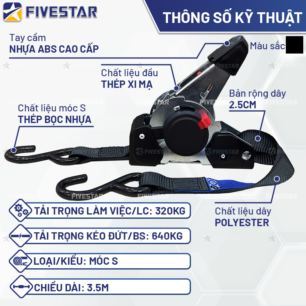 Thông số kỹ thuật của dây tăng đơ tự rút bản 25mm tải 600kg móc S Fivestar Thông số kỹ thuật của dây tăng đơ tự rút bản 25mm tải 600kg móc S Fivestar
