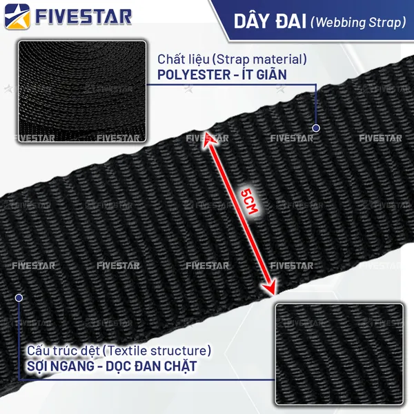 Dây tăng đơ tự rút bản 50mm tải 1.5 tấn móc J