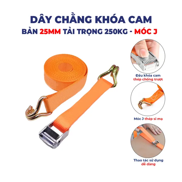Dây chằng hàng khóa cam bản 25mm tải 250kg móc J