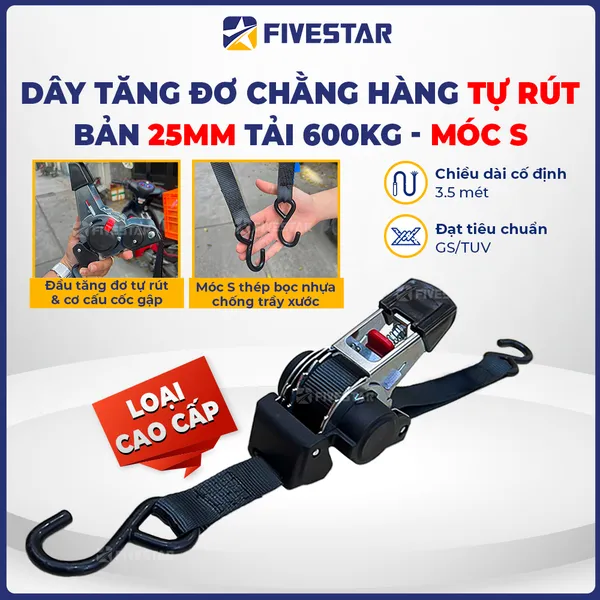 Dây tăng đơ tự rút bản 25mm tải 600kg móc S