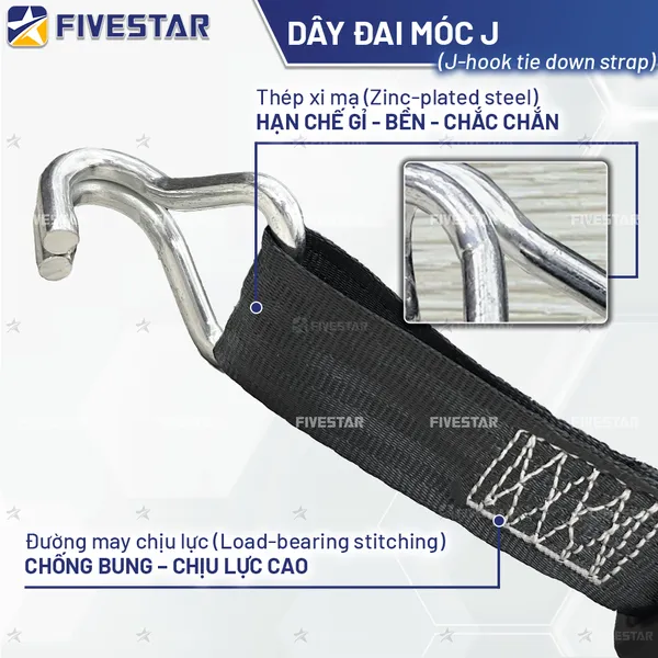 Dây tăng đơ tự rút bản 50mm tải 1.5 tấn móc J
