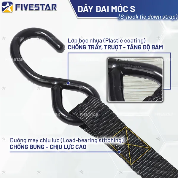 Dây tăng đơ tự rút bản 25mm tải 600kg móc S