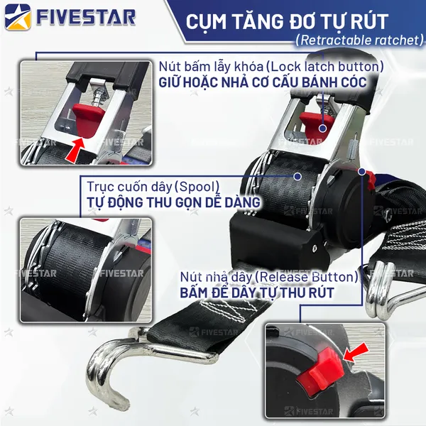 Dây tăng đơ tự rút bản 50mm tải 1.5 tấn móc J