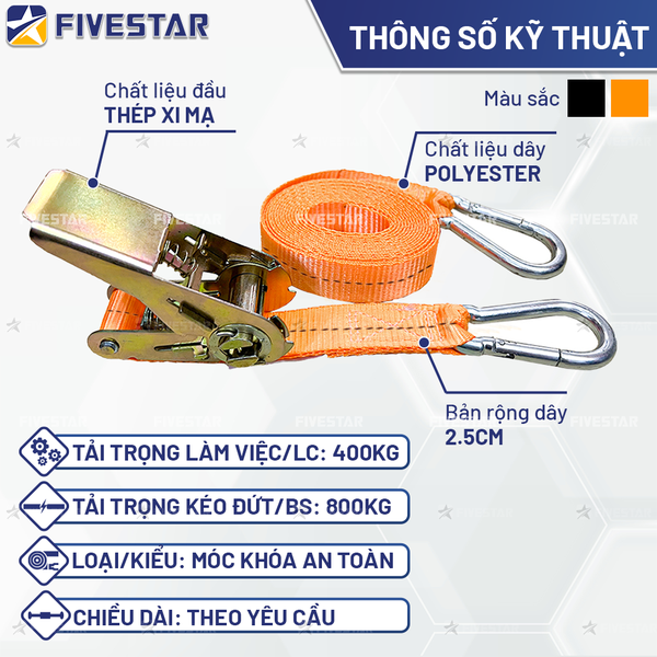 Dây tăng đơ bản 25mm tải 800kg móc khóa an toàn