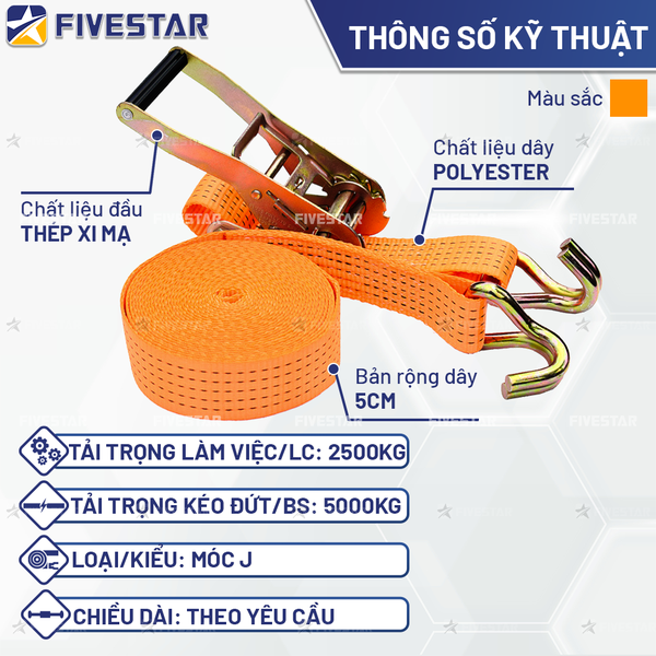 Dây tăng đơ bản 50mm tải 5 tấn móc J