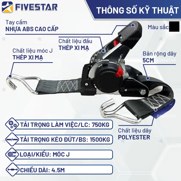 Dây tăng đơ tự rút bản 50mm tải 1.5 tấn móc J