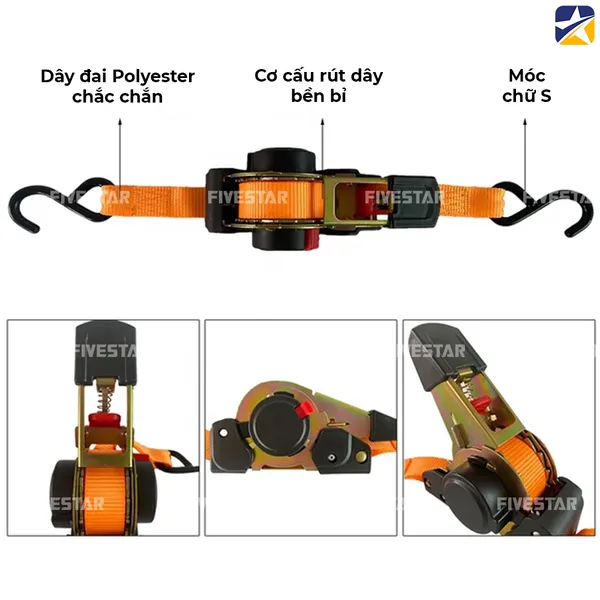 Dây tăng đơ tự rút bản 25mm tải 800kg móc S