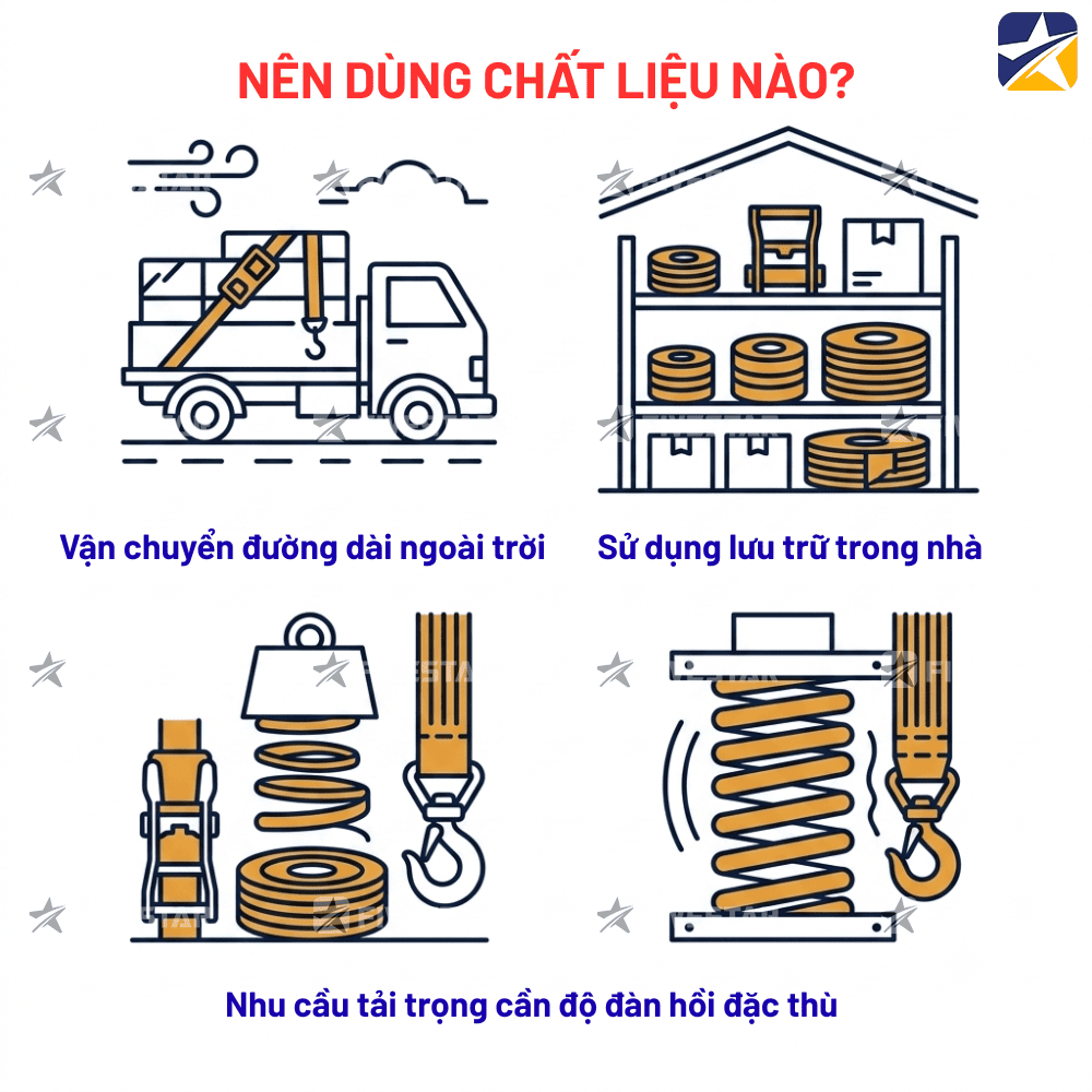 Tình huống sử dụng dây tăng đơ theo chất liệu Tình huống sử dụng dây tăng đơ theo chất liệu
