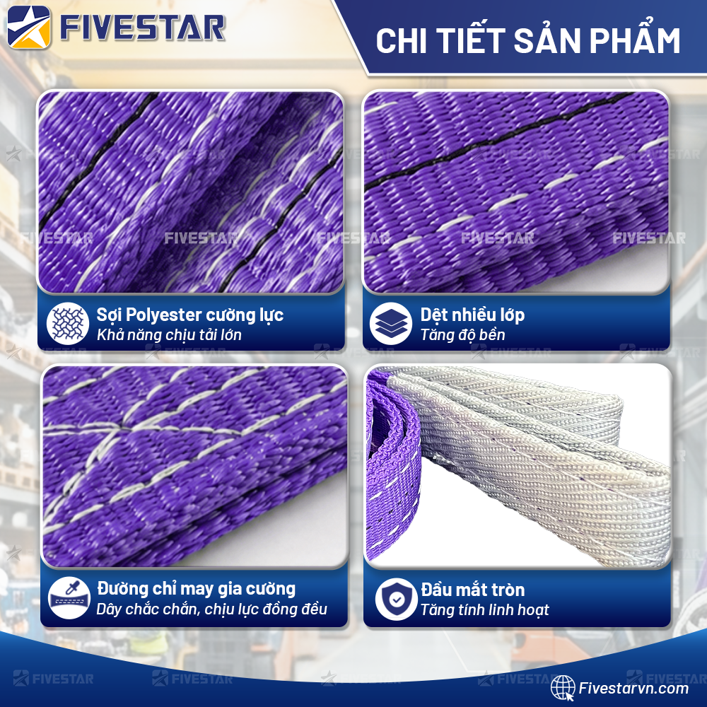 Ưu điểm của dây cáp vải cẩu hàng bản dẹt tải 1 tấn Fivestar Việt Nam Ưu điểm của dây cáp vải cẩu hàng bản dẹt tải 1 tấn Fivestar Việt Nam