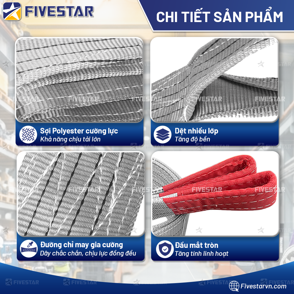 Ưu điểm của mẫu dây cáp vải cẩu hàng tải 4 tấn Fivestar Việt Nam Ưu điểm của mẫu dây cáp vải cẩu hàng tải 4 tấn Fivestar Việt Nam