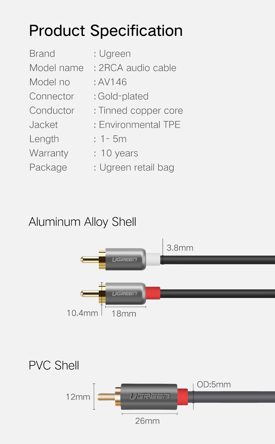 Cáp âm thanh RCA 2-2 dài 0.5m Ugreen 40931 Cáp âm thanh RCA 2-2 dài 0.5m Ugreen 40931