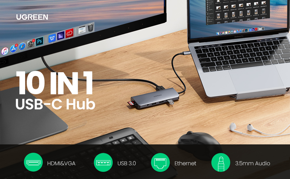 Bộ chuyển USB Type C to HDMI + VGA + USB 3.0 + LAN 1Gbps + Card Reader + 3.5mm Ugreen 80133 Bộ chuyển USB Type C to HDMI + VGA + USB 3.0 + LAN 1Gbps + Card Reader + 3.5mm Ugreen 80133