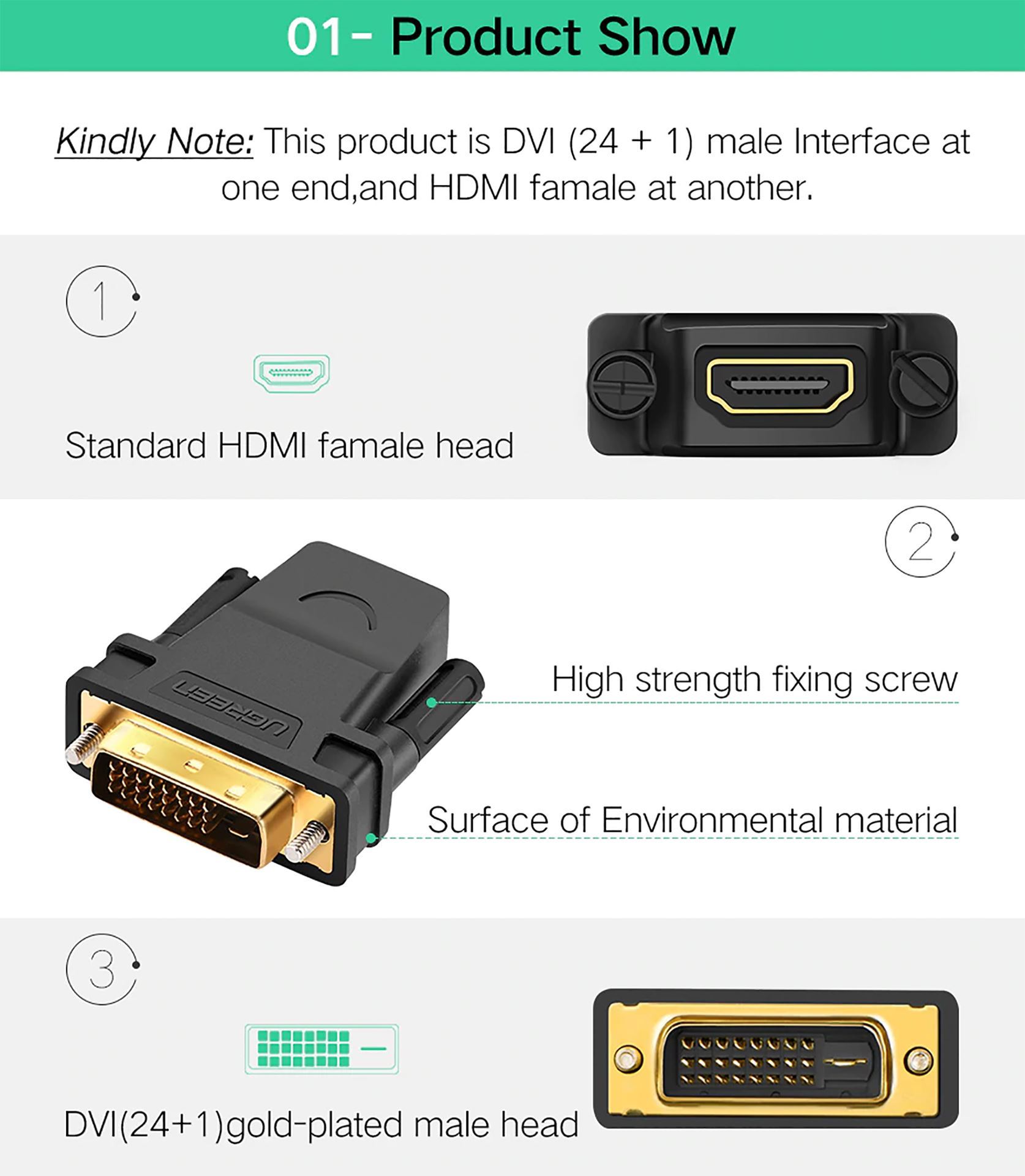 Đầu chuyển DVI to HDMI  Ugreen 20124