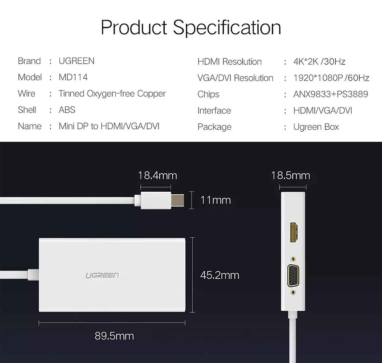 Cáp chuyển Mini DisplayPort to HDMI+ VGA+ DVI Ugreen 20417