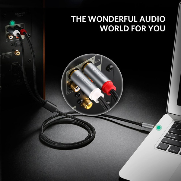 Cáp âm thanh 3.5mm ra 2RCA dài 2M Ugreen 40843 Cáp âm thanh 1 ra 2 RCA 2M Ugreen 40843