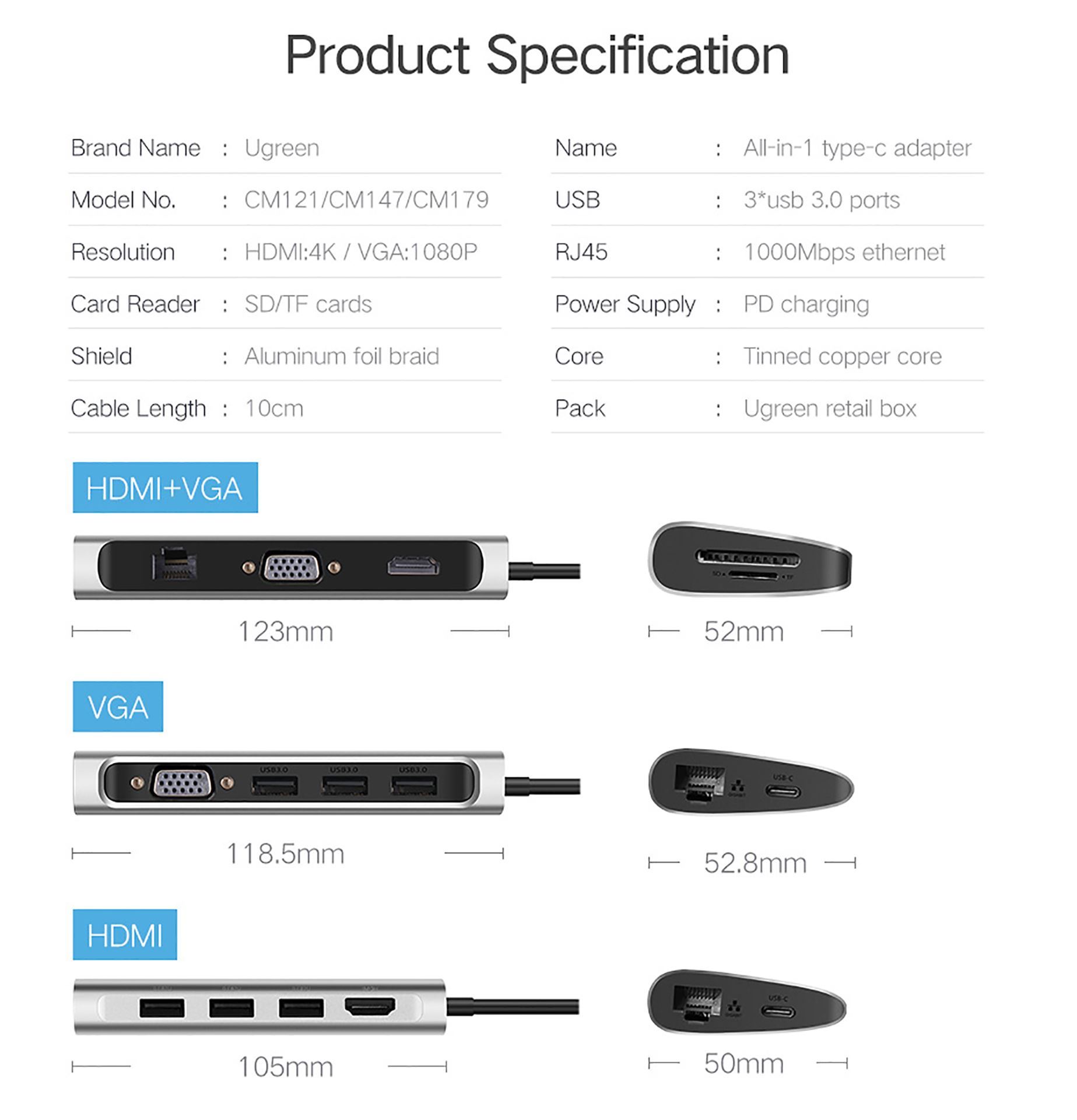Bộ chuyển USB Type C to HDMI, VGA , USB 3.0 , LAN 1Gbps , Card Reader Ugreen 40873 Bộ chuyển USB Type C to HDMI, VGA , USB 3.0 , LAN 1Gbps , Card Reader Ugreen 40873